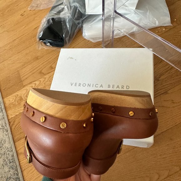 NWT Veronica Beard Hedrix Clog Woodgrain Platform Leather Buckle Sz 9 Hazelwood - Picture 14 of 14